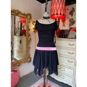 vintage y2k black ruched net off the shoulders dress trixxi hankie hem pink sash